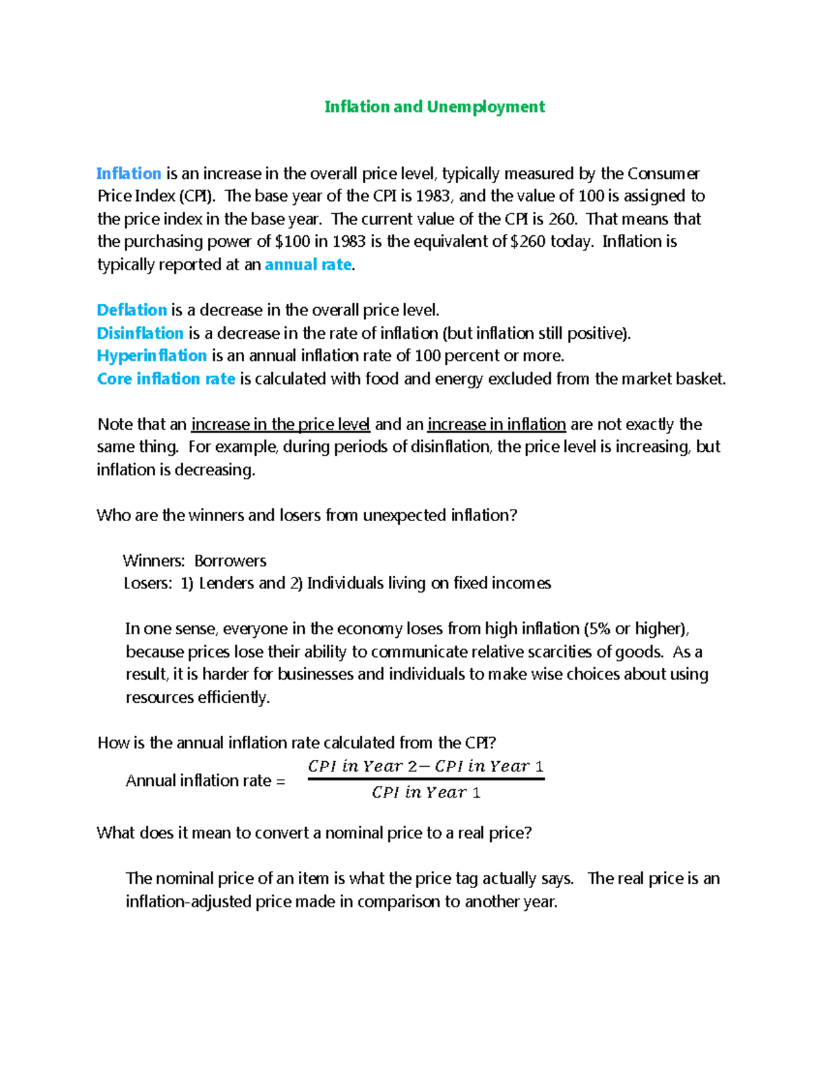 Notes Chapter 6 - Inflation And Unemployment Inflation Is An Increase ...