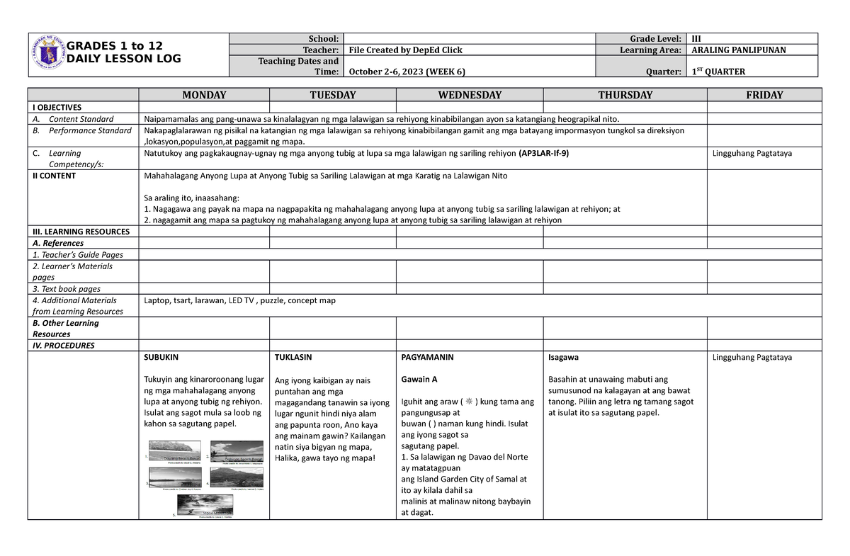 DLL Araling Panlipunan 3 Q1 W6 - GRADES 1 To 12 DAILY LESSON LOG School ...