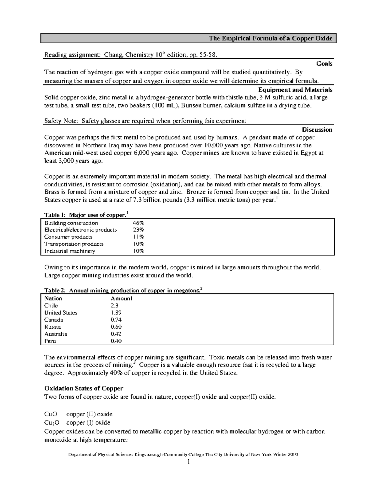 Copper - Notes - Department of Physical Sciences Kingsborough Community ...