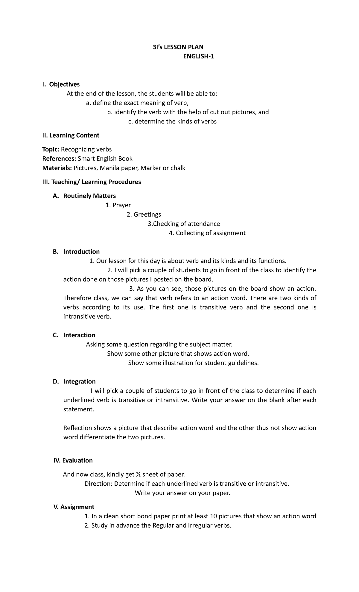 3I's Lesson PLAN - PLEASE BE GUIDED - 3I’s LESSON PLAN ENGLISH- I ...