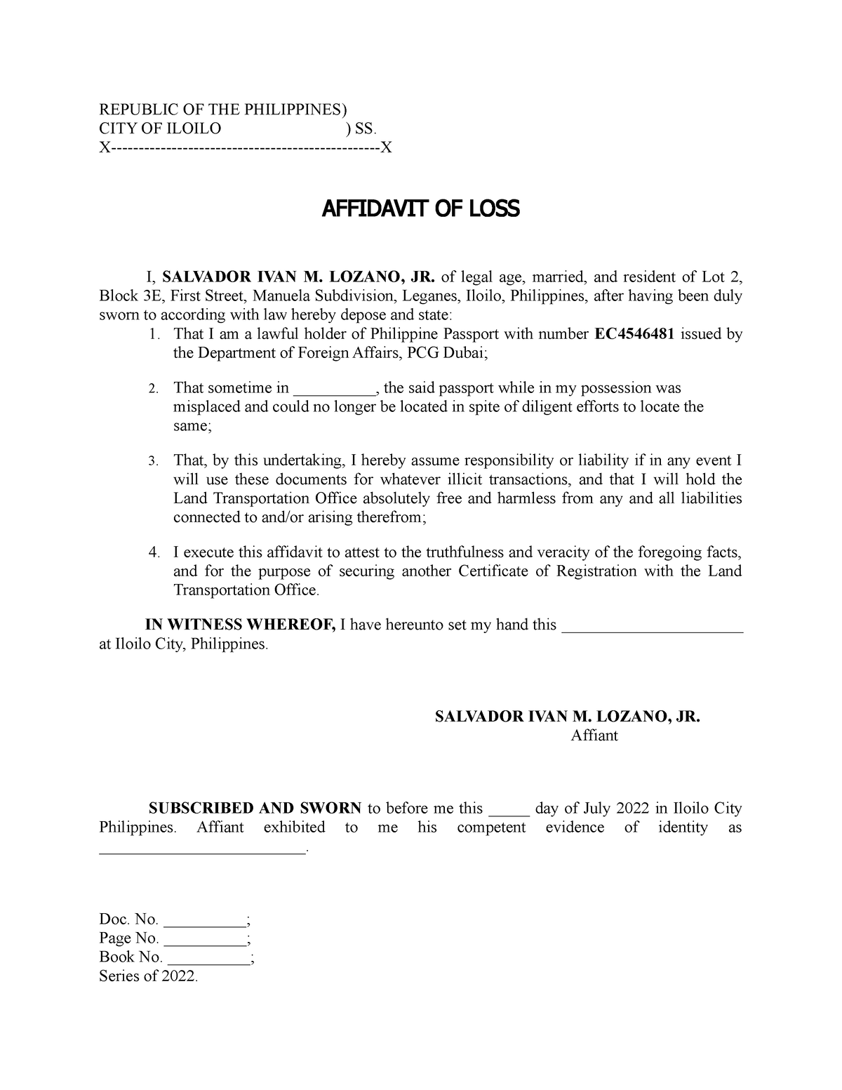 Affidavit Of Loss Salvador Lozano Republic Of The Philippines City Of Iloilo Ss X X 8284