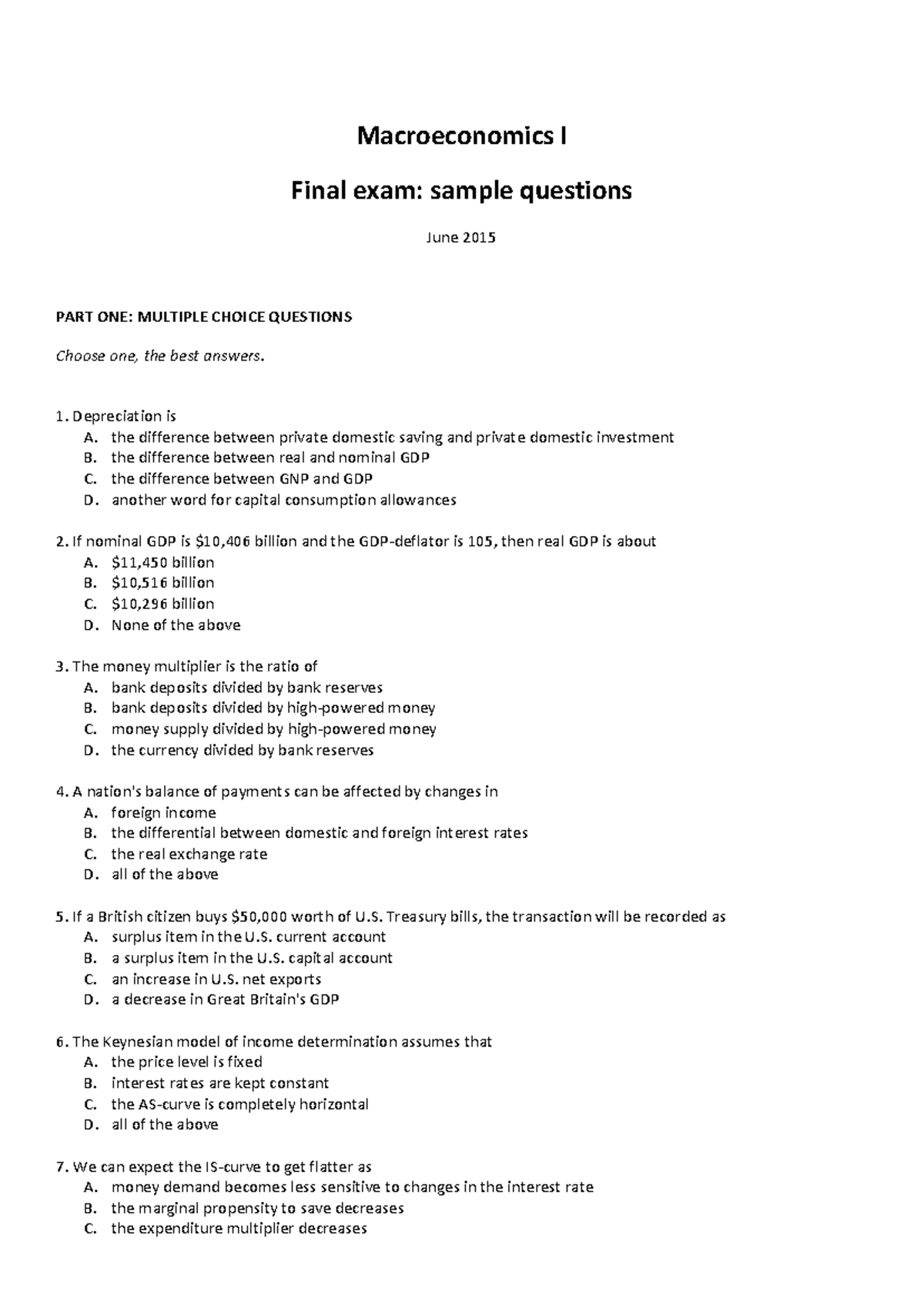Sample exam macro economics - Macroeconomics I Final exam: sample ...