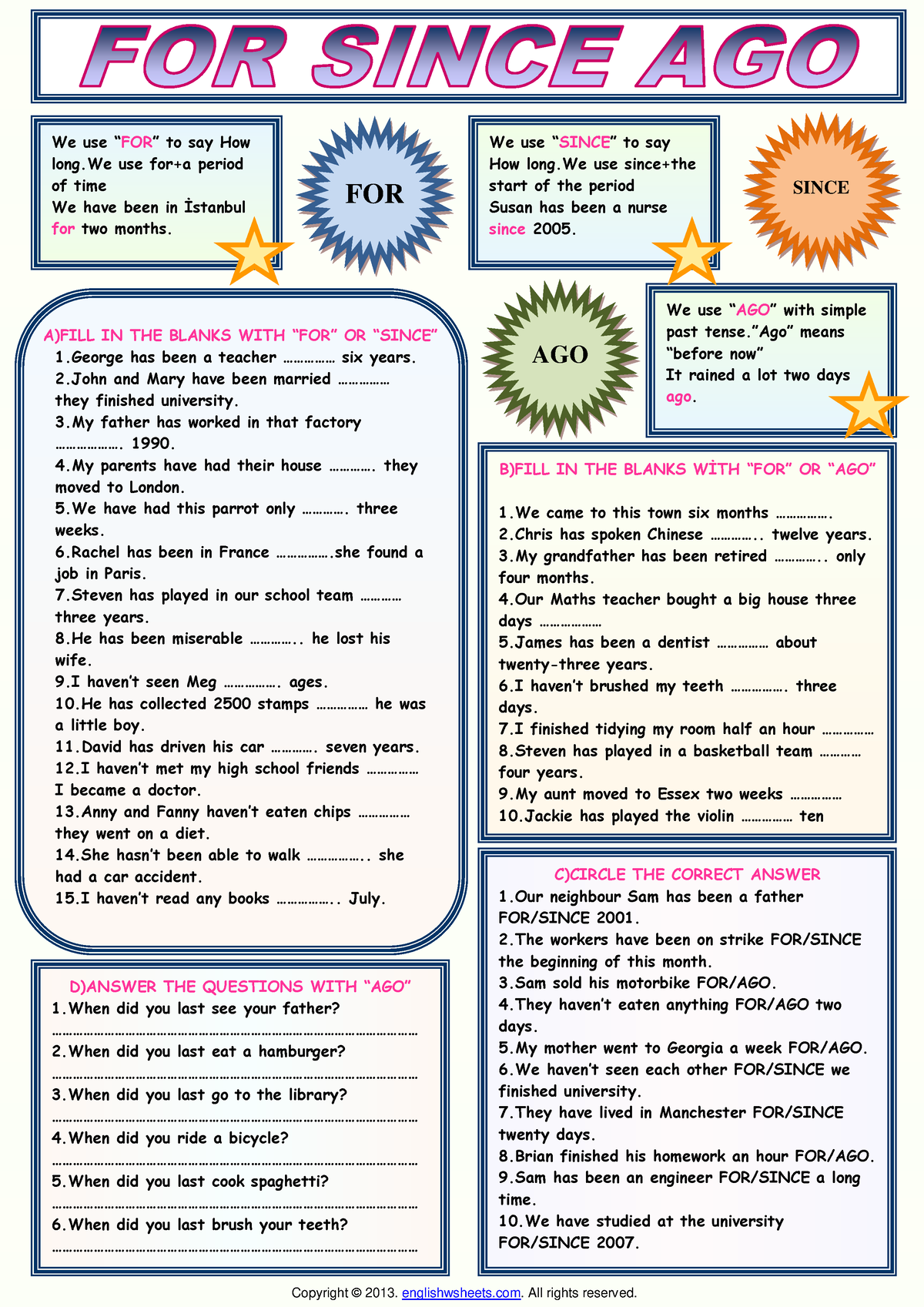 For since ago grammar explanation and exercises worksheet - We use “FOR ...