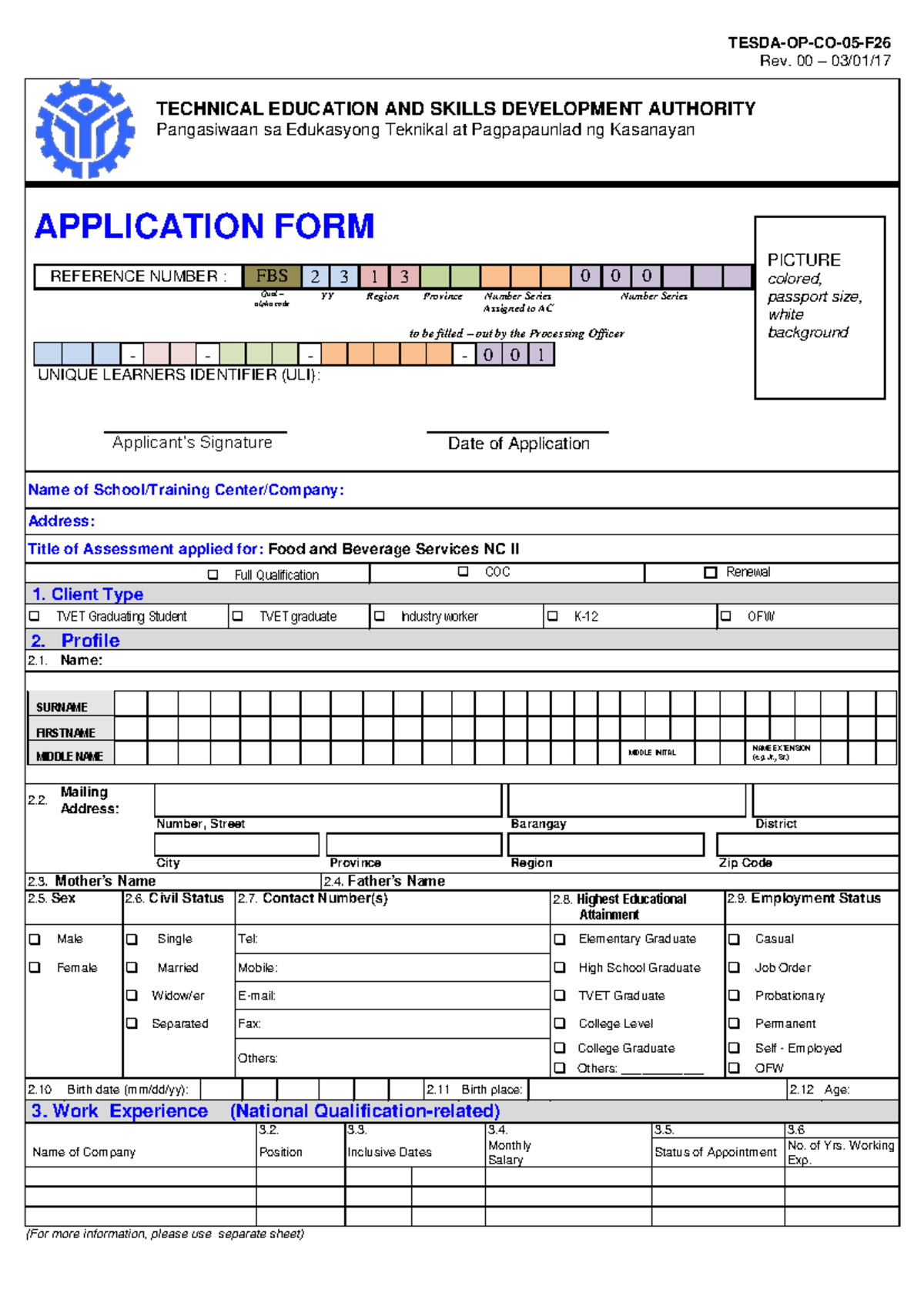Application FORM Final Blank FBS 2023 generic - TESDA-OP-CO- 05 - F Rev ...