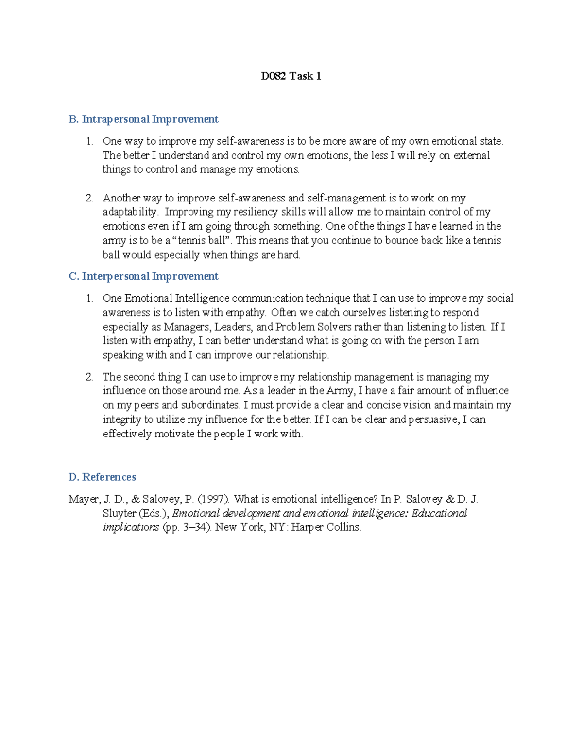 D082 Task 1 - Task 1, Passed - D082 Task 1 B. Intrapersonal Improvement ...