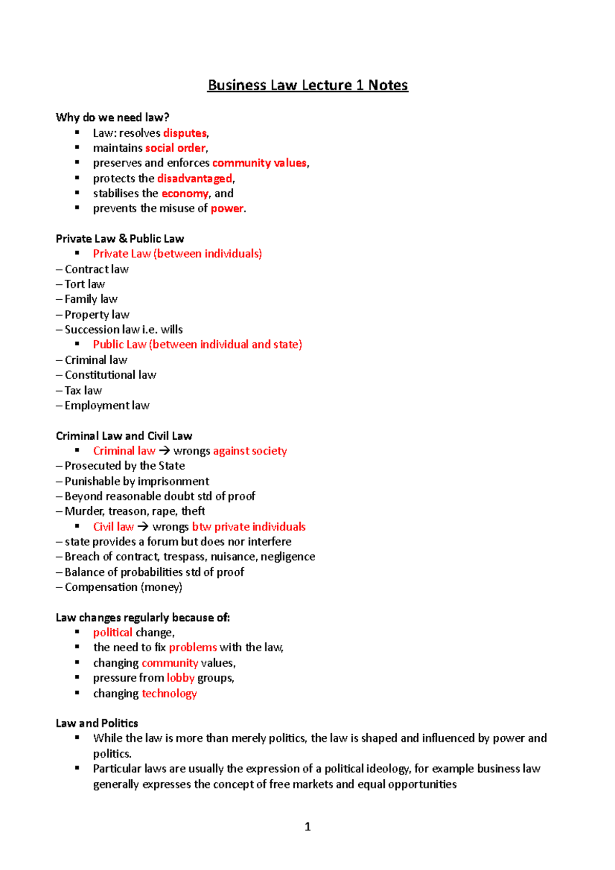 Business Law Lecture 1-4 Notes - Private Law & Public Law Private Law ...