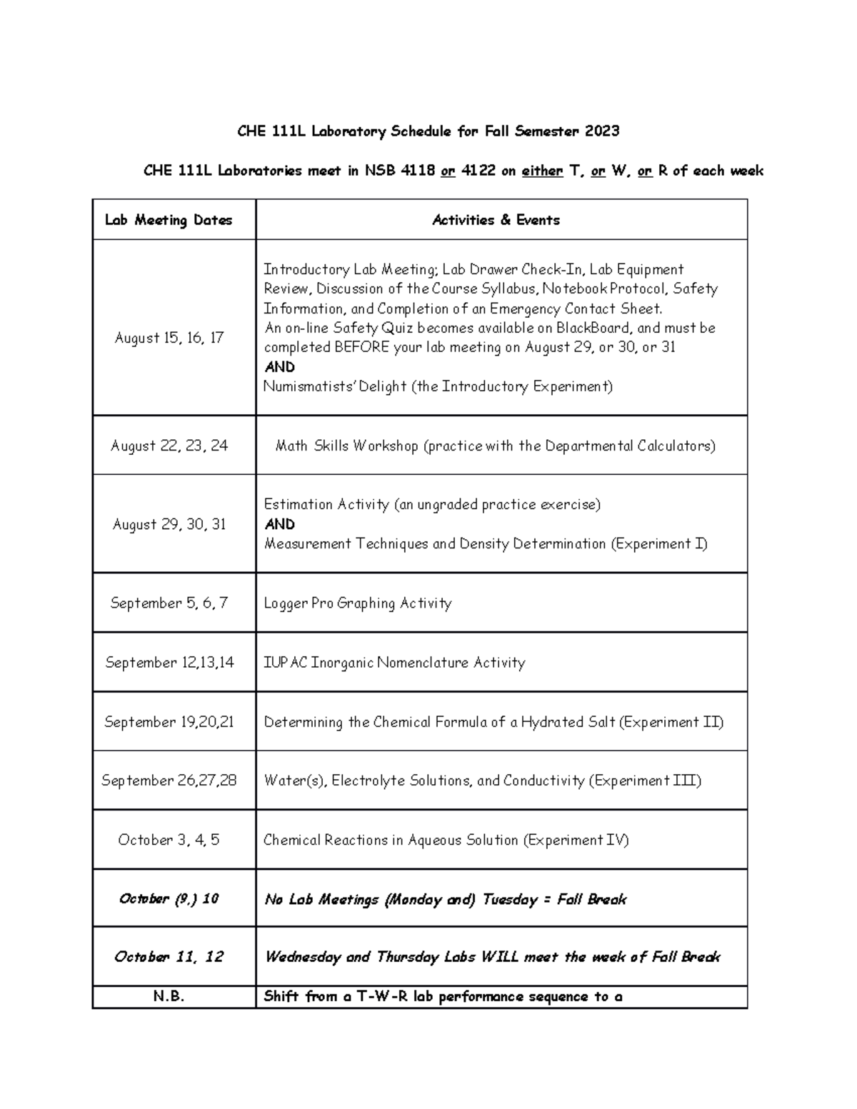 CHE111Lschedule Of Events-F23 - CHE 111L - EKU - Studocu