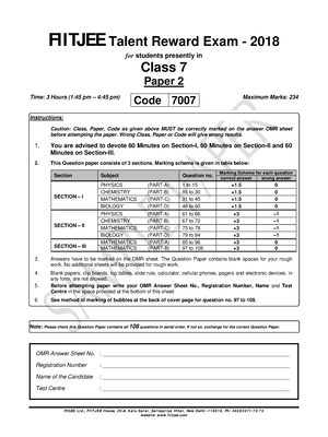 FTRE Sample Paper Class 7th Paper 2 - FIITJEE Lt D., FI I T JEE H Ouse ...