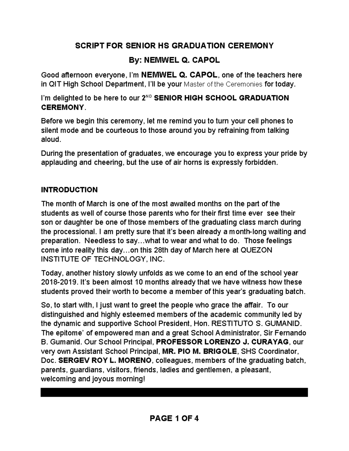 SHS GRADuation Script - SCRIPT FOR SENIOR HS GRADUATION CEREMONY By ...
