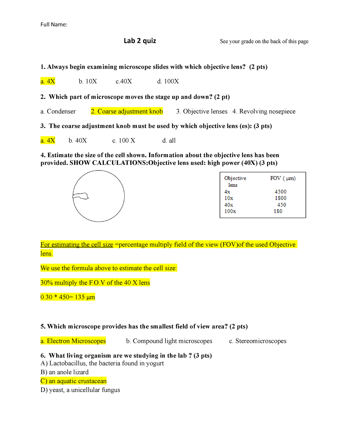 Lab 2 Microscopy quiz with answer key - Full Name: Lab 2 quiz See your  grade on the back of this - StuDocu