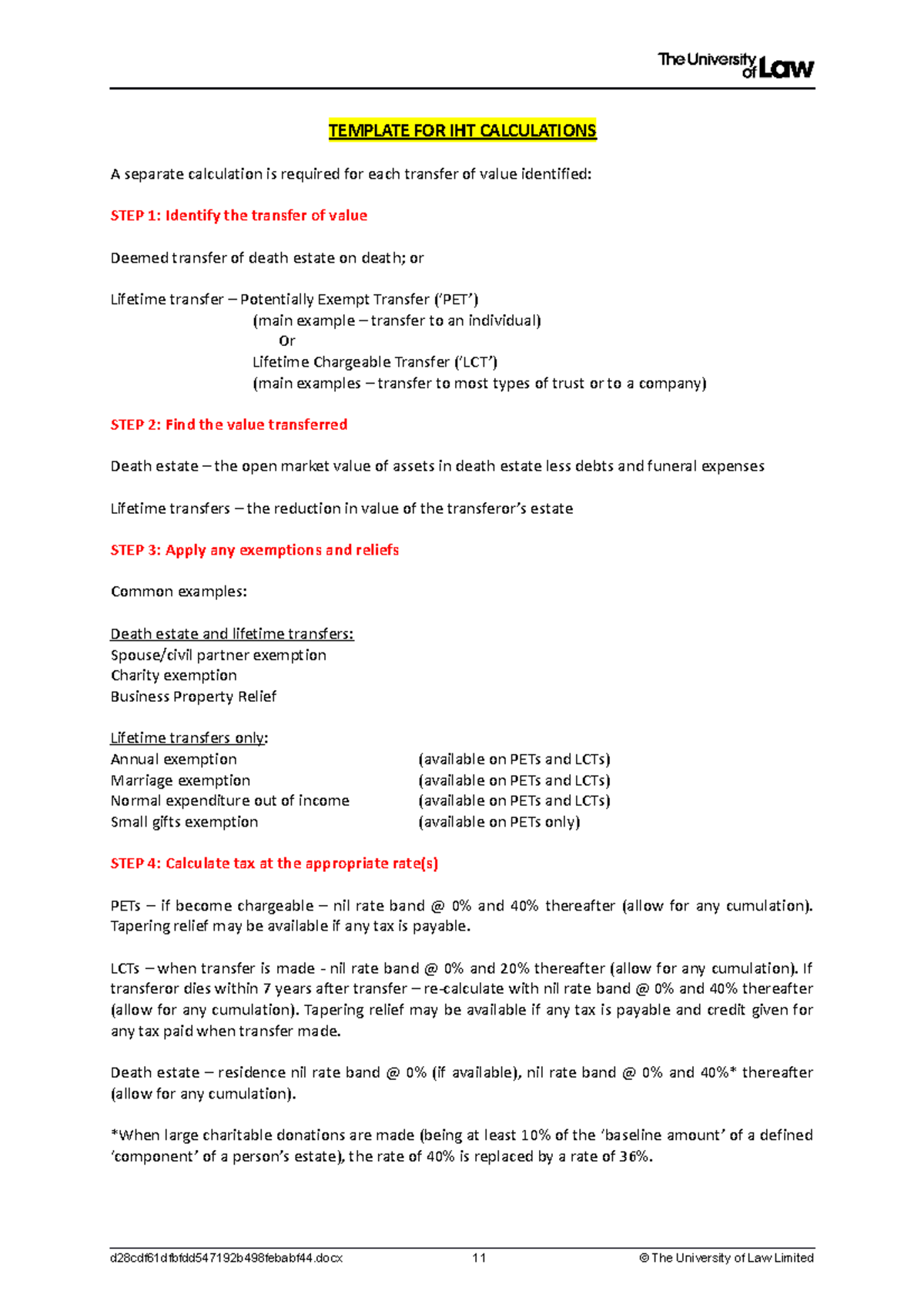 IHT calculation template - TEMPLATE FOR IHT CALCULATIONS A separate ...