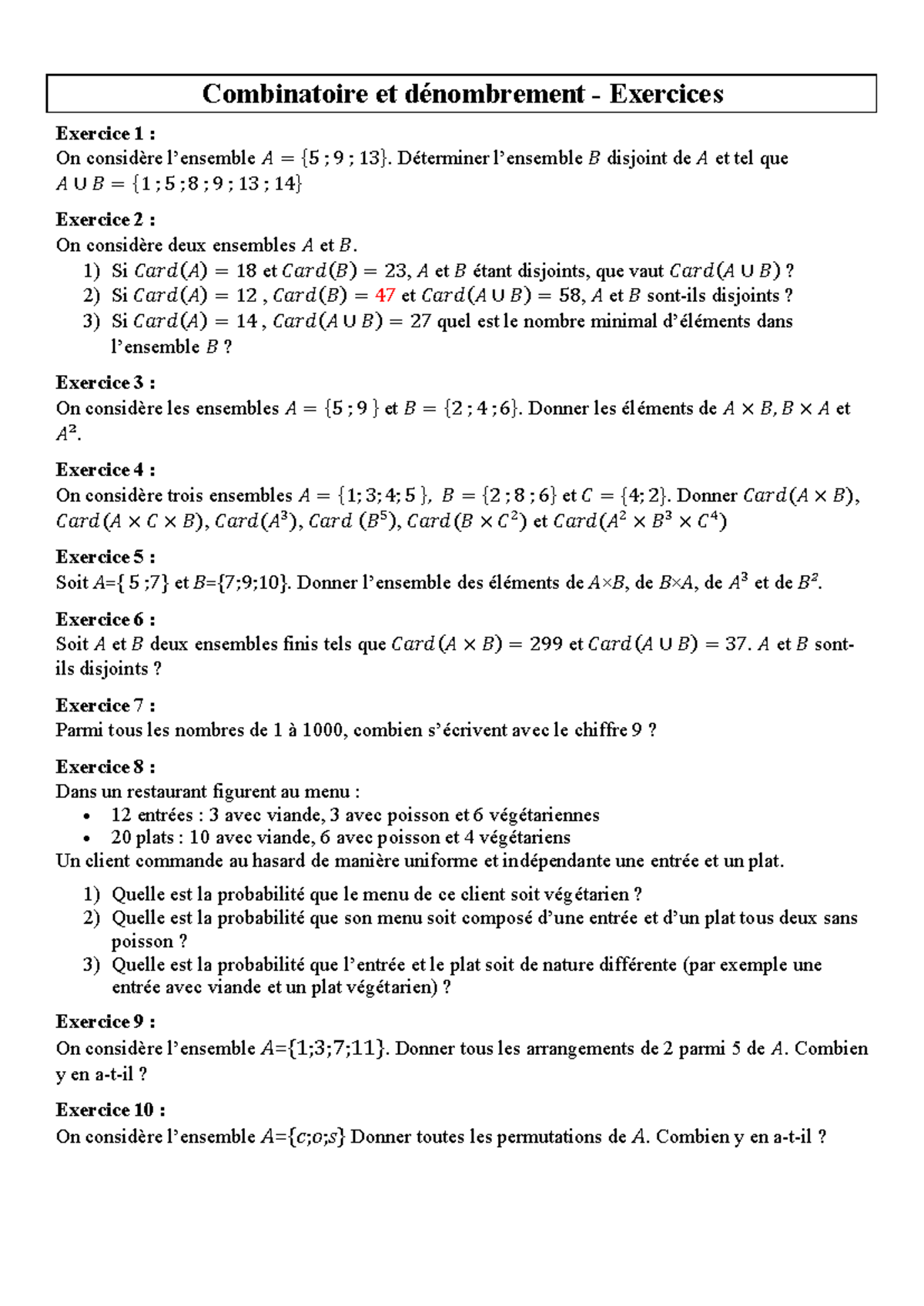 Combinatoire Et Dénombrement - Exercices - Combinatoire Et Dénombrement ...