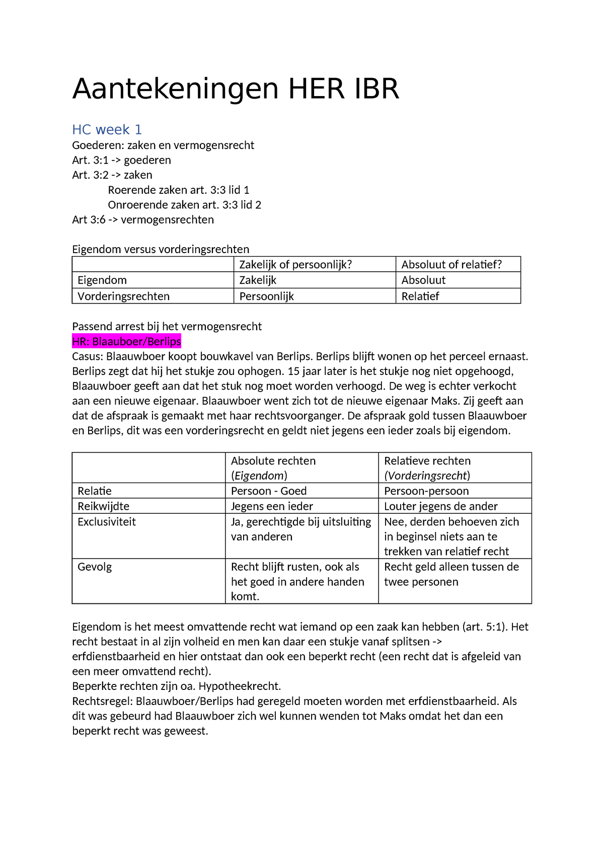 Aantekeningen HER IBR - 3:1 -> Goederen Art. 3:2 -> Zaken Roerende ...