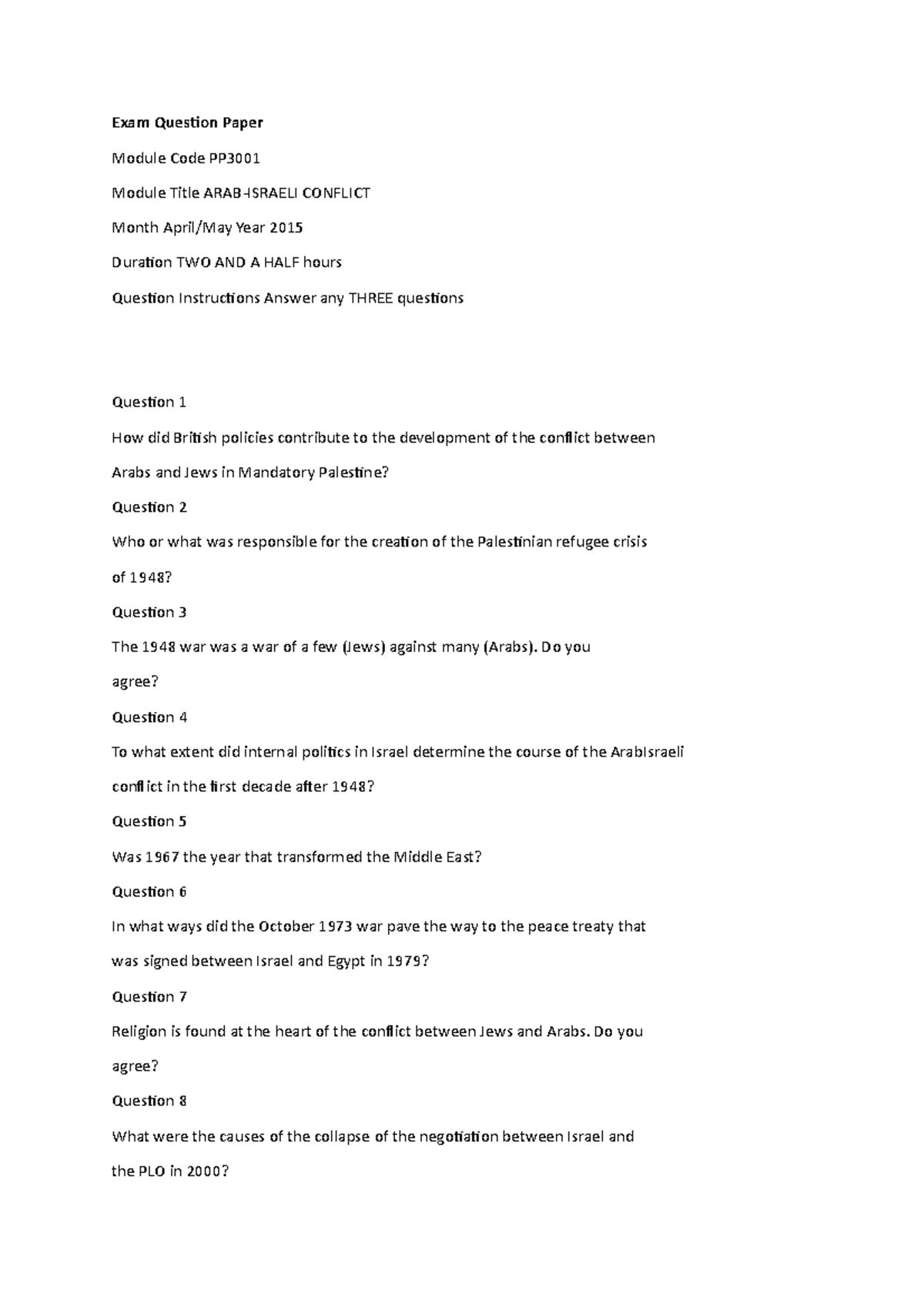 Exam 2015 The Arab-Israeli Conflict - Exam Question Paper Module Code ...