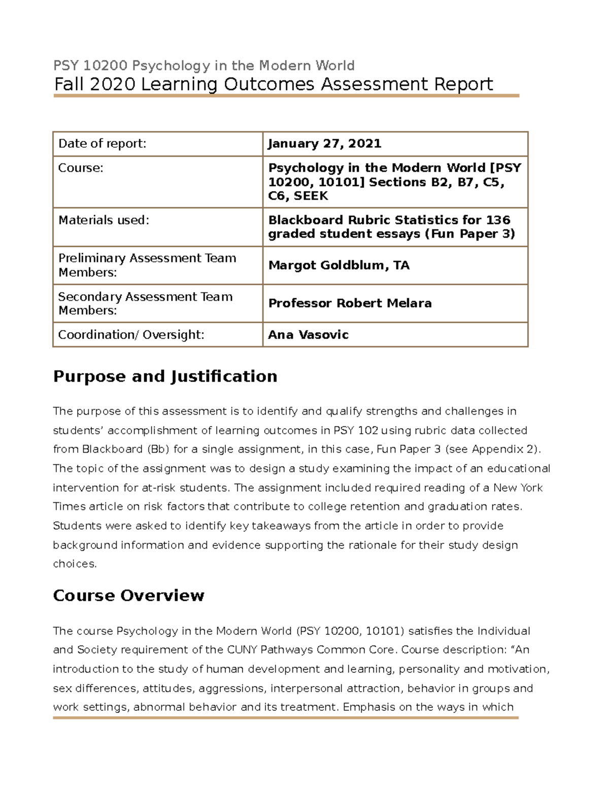 PSY 102 Assessment Fall 2020 - PSY 10200 Psychology In The Modern World ...