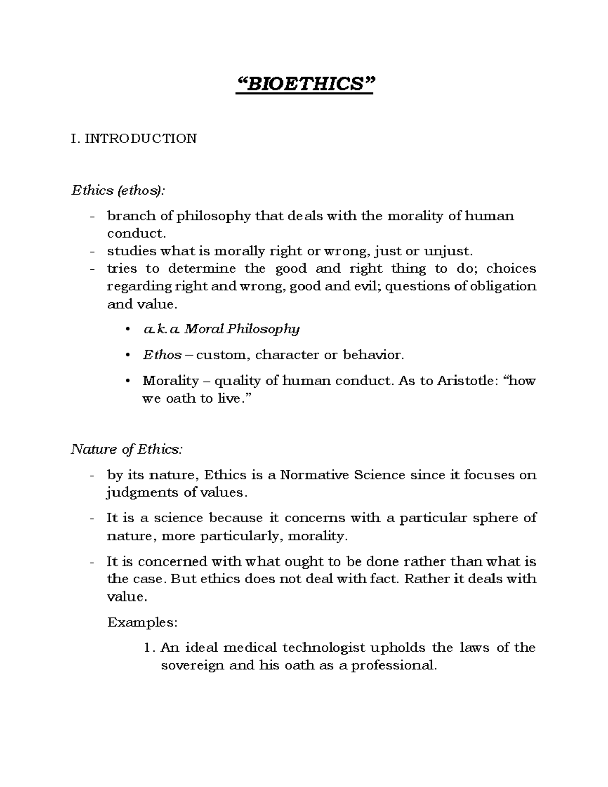 13. Introduction to Bioethics MLTBE NOTESMLTBE NOTES - “BIOETHICS” I ...