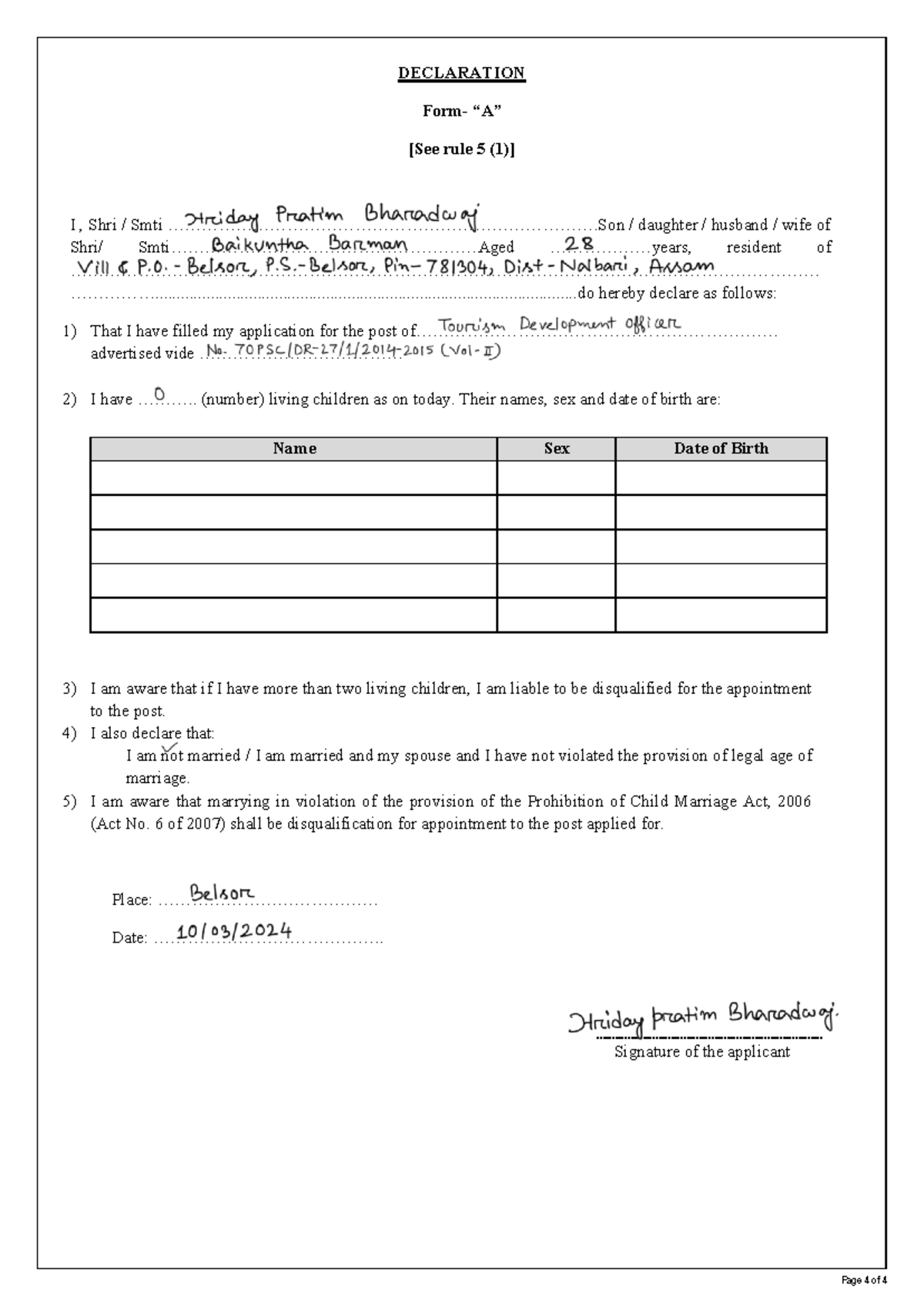 Declaration Form A - Good - DECLARATION Form- “A” [See rule 5 (1)] I ...