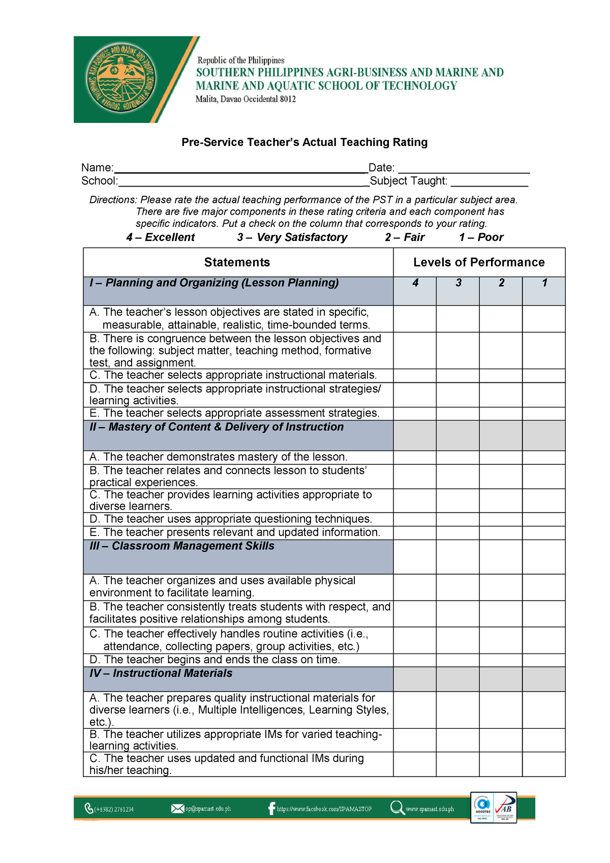 Demo Teaching rating sheet - Pre-Service Teacher’s Actual Teaching ...