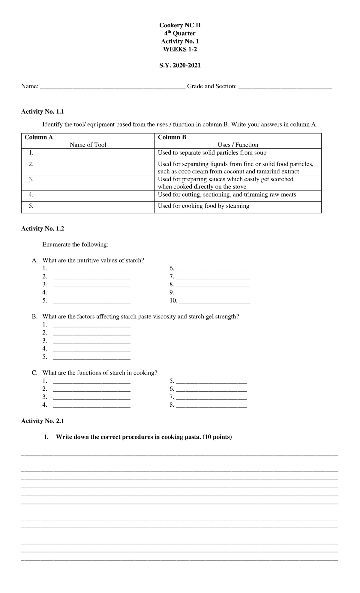 Activity-Sheet 4th Qtr For Cereals and starch Lecture - Cookery NC II 4 ...