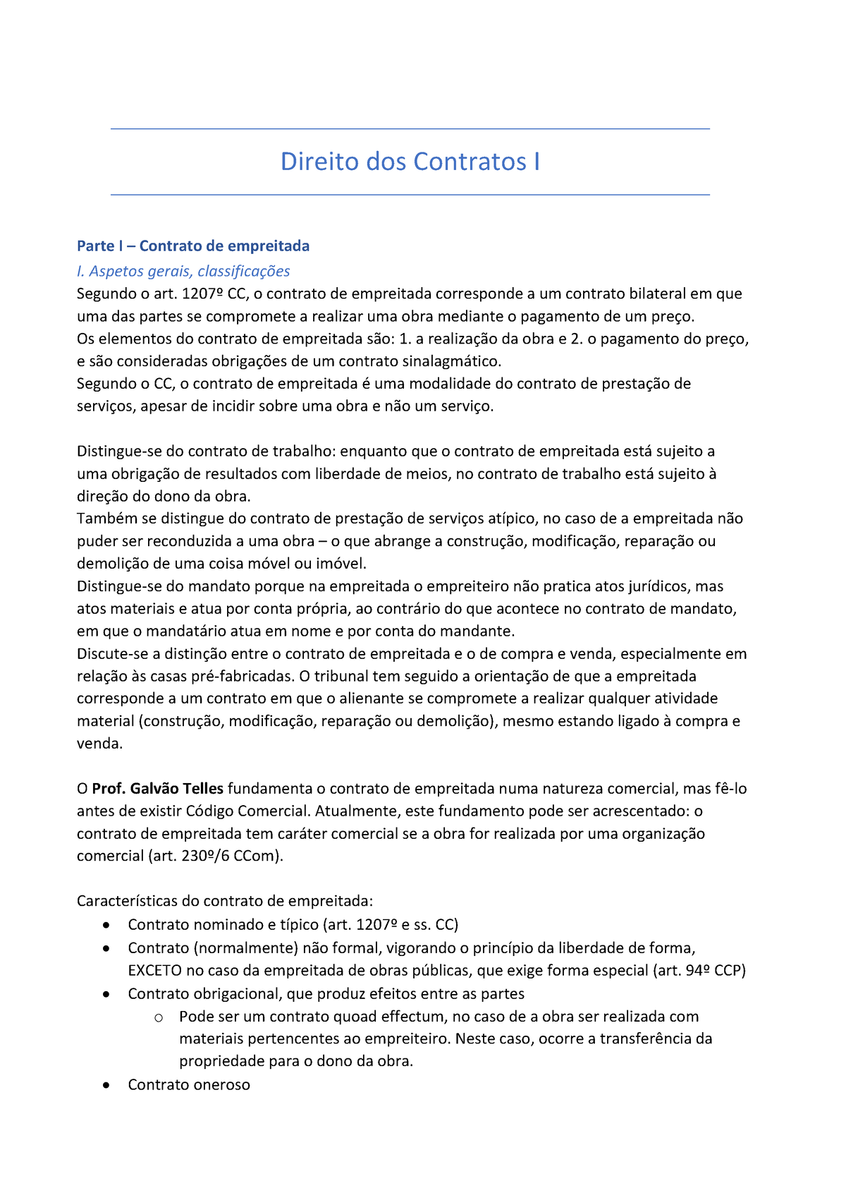 Direito Dos Contratos I Parte I Contrato De Empreitada I Aspetos