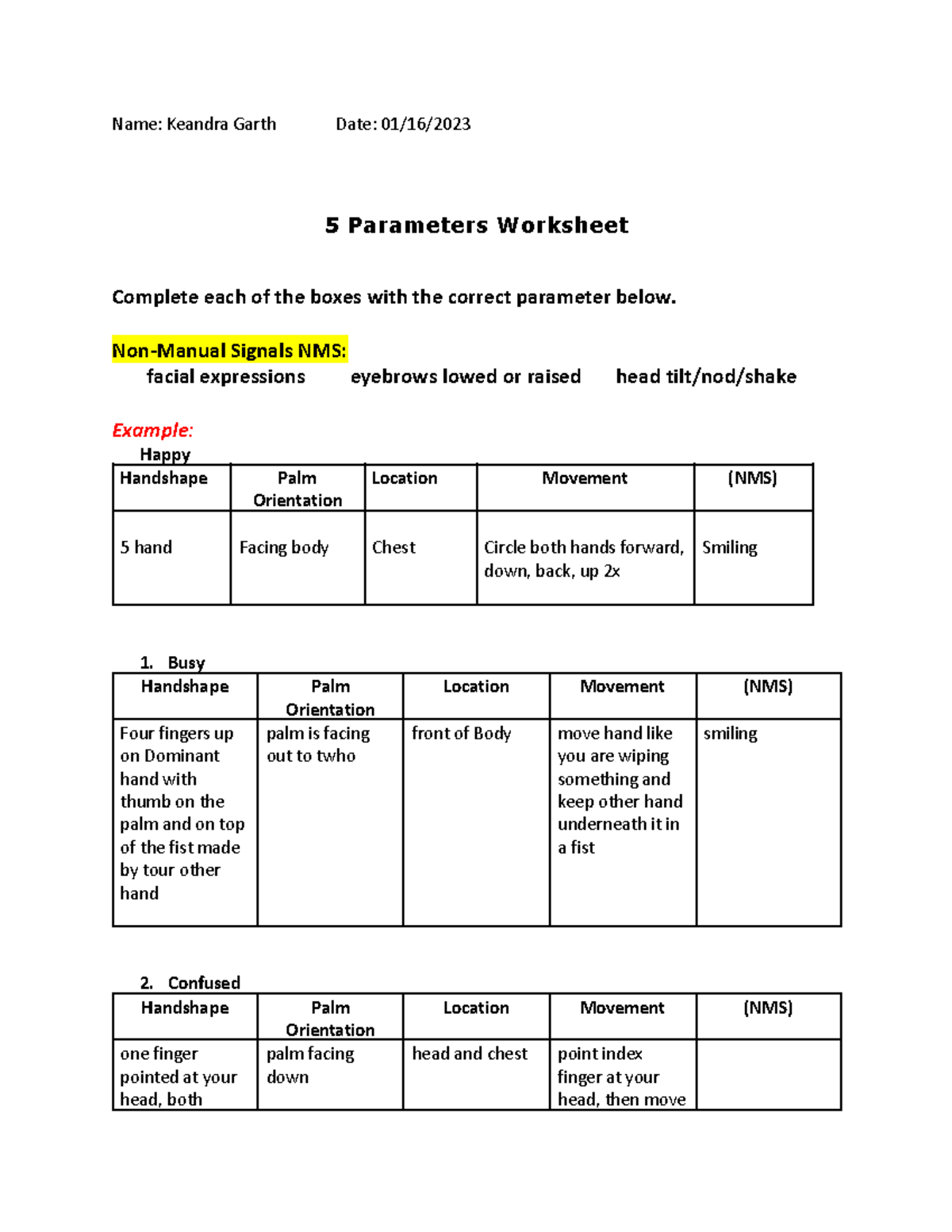 5 Parameter´s homework-filled out - Name: Keandra Garth Date: 01/16/ 5 ...