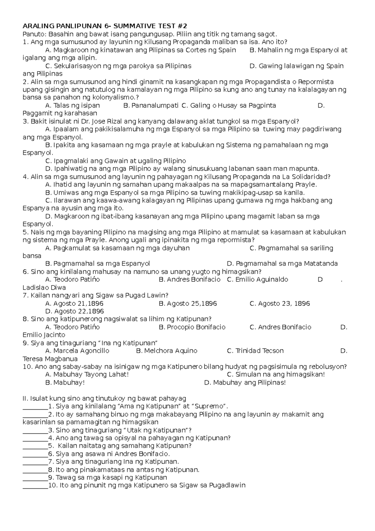St2- Araling Panlipunan 6 - ARALING PANLIPUNAN 6- SUMMATIVE TEST Panuto ...