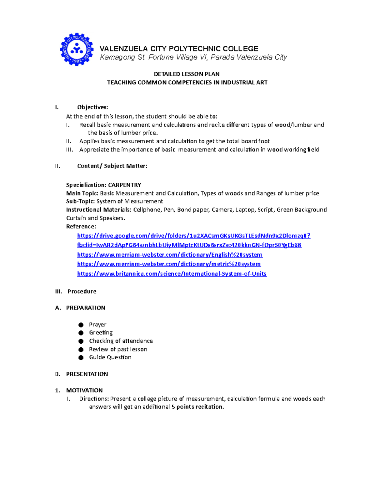 Sanchez Lesson PLAN Detailed VALENZUELA CITY POLYTECHNIC COLLEGE