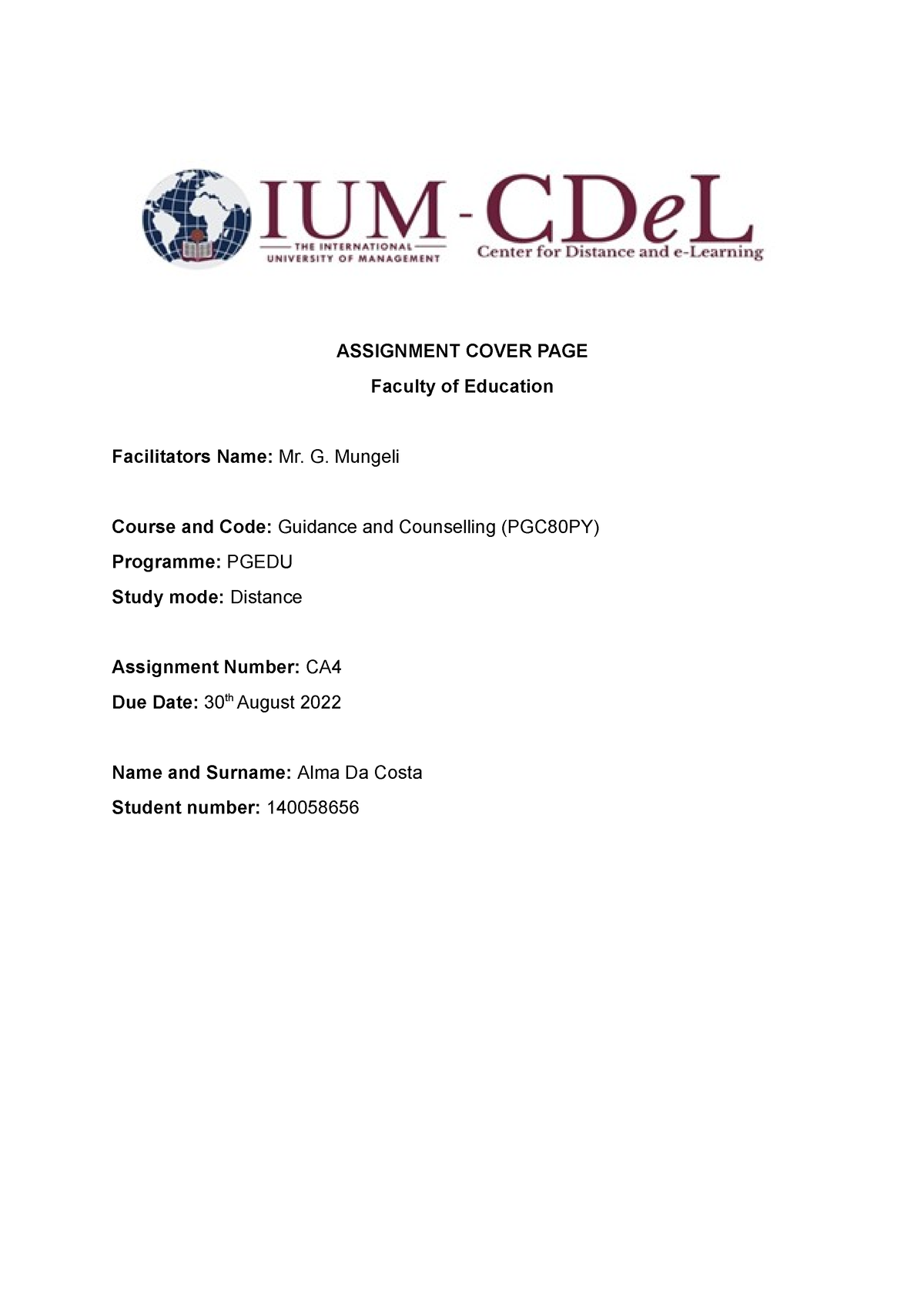 Assignment Cover PAGE - MOTHER - ASSIGNMENT COVER PAGE Faculty of ...