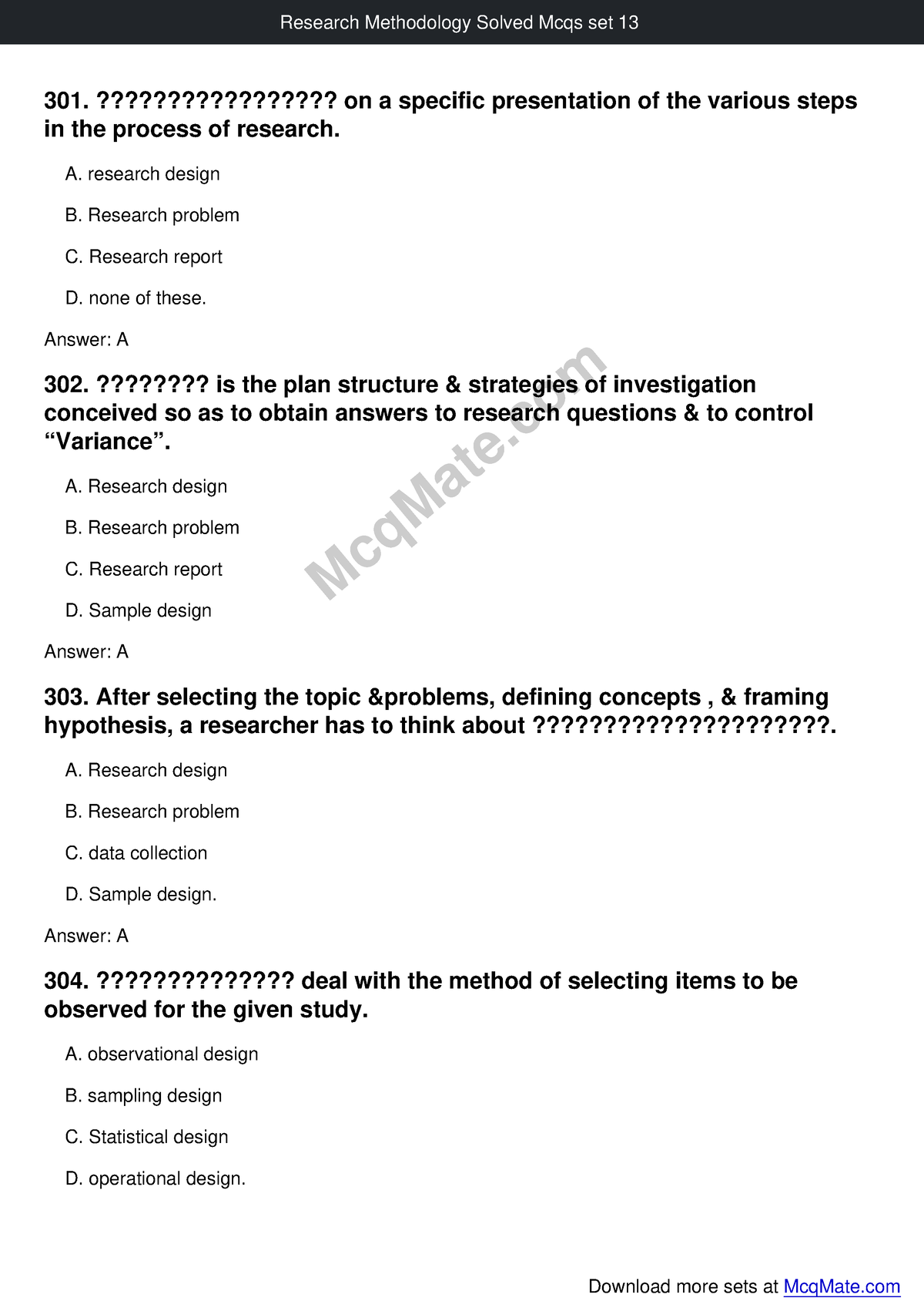 Research Methodology Solved Mcqs Set 13 Mcq Mate - 301 ...