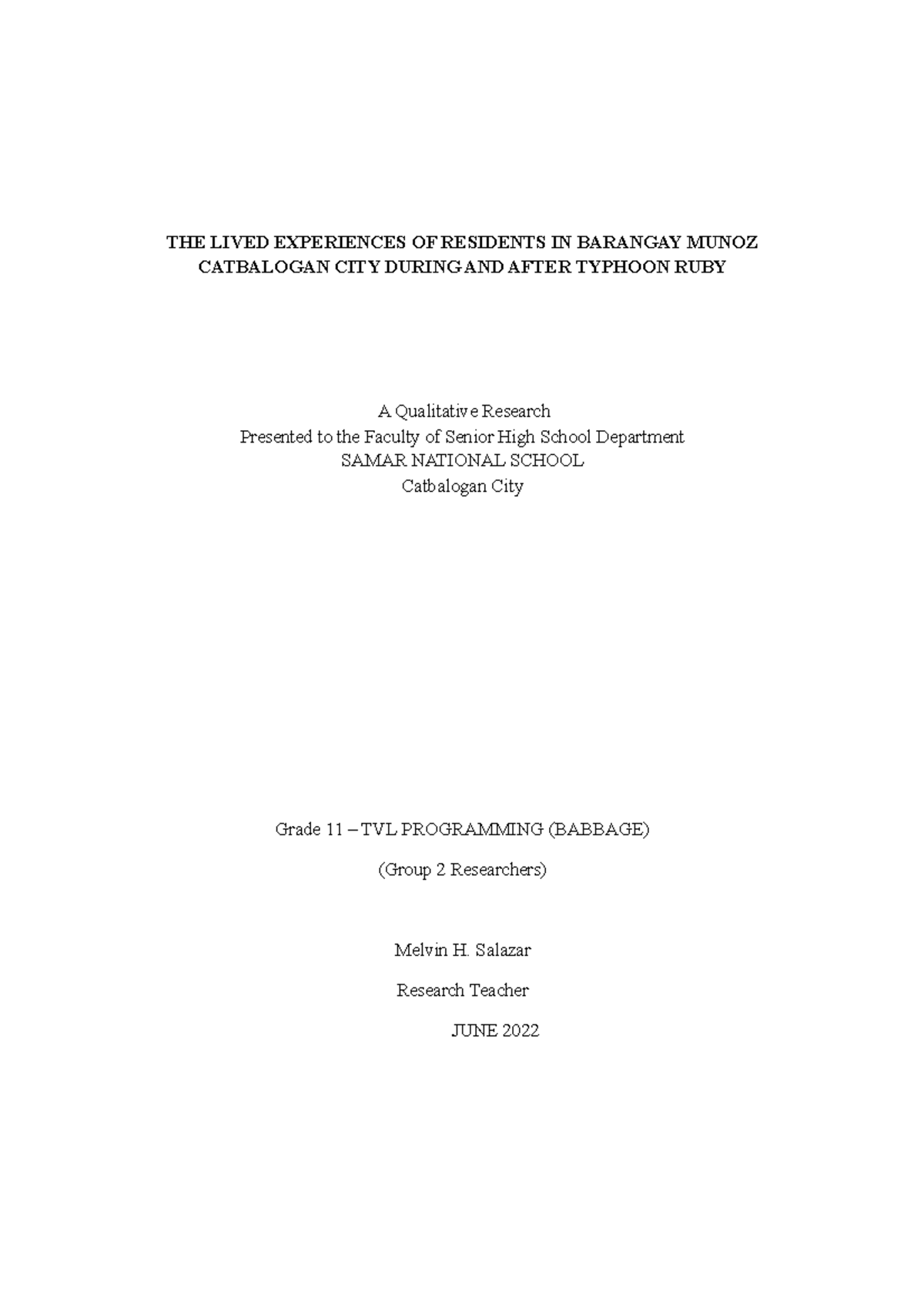 THE Lived Experiences OF Residents IN Barangay Munoz Datbalogan CITY ...