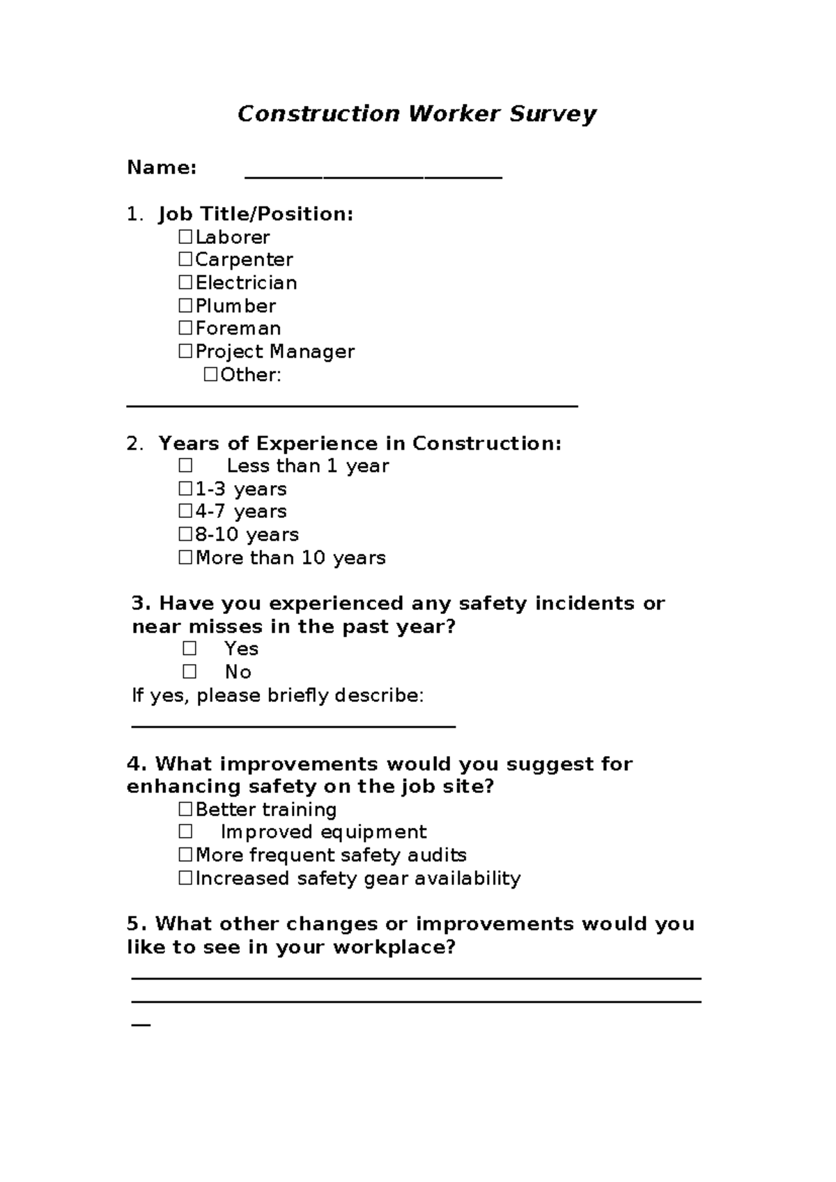 Construction Worker Survey - Construction Worker Survey Name ...