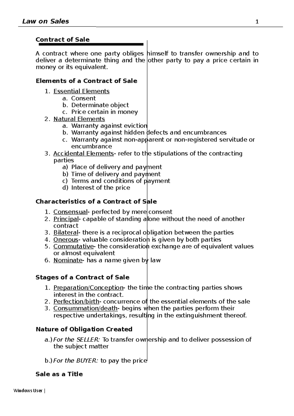 Law On Sale My Lecture - RFLB - Contract Of Sale A Contract Where One ...