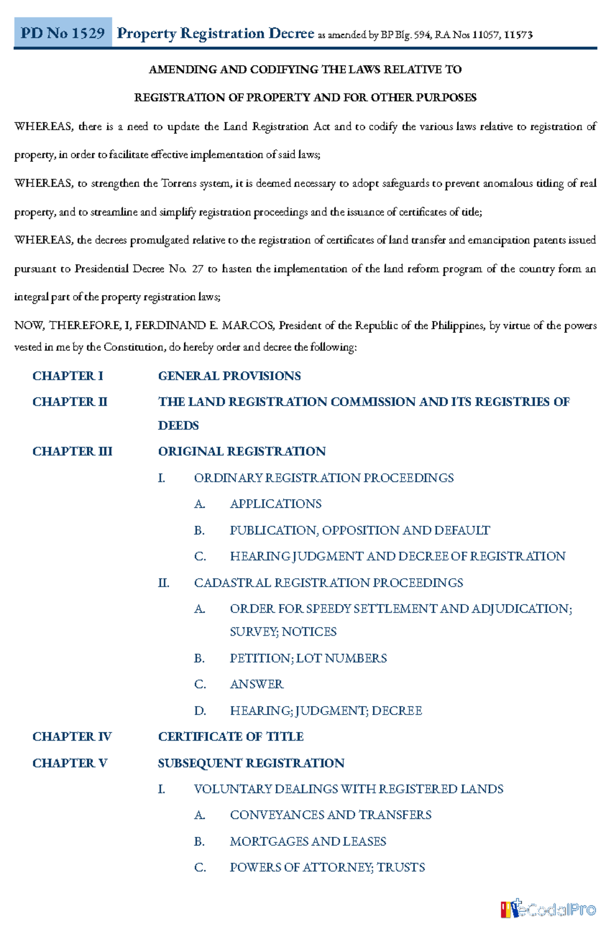 PD 1529 - Reading Materials - PD No 1529 Property Registration Decree ...