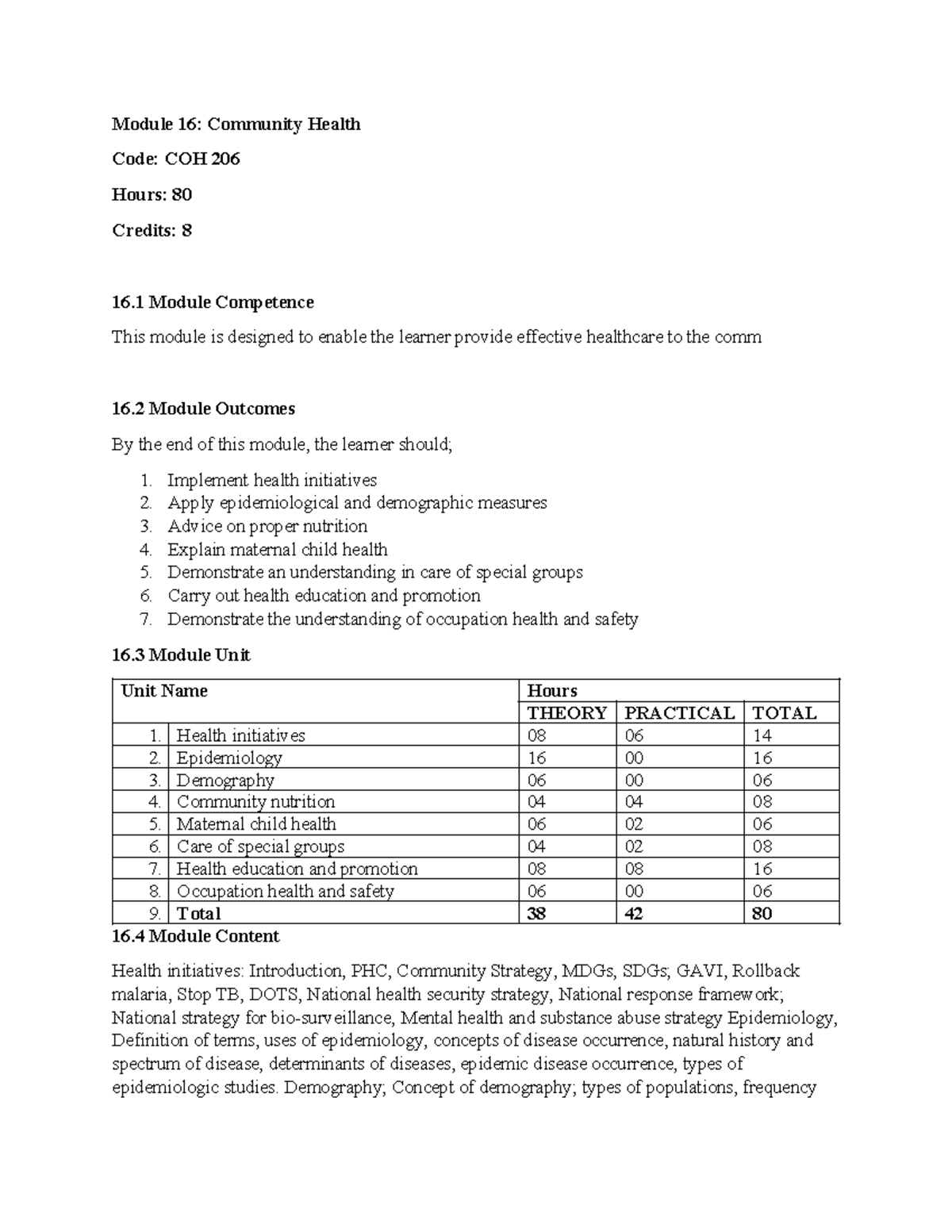 Community Health - Module 16: Community Health Code: COH 206 Hours: 80 ...