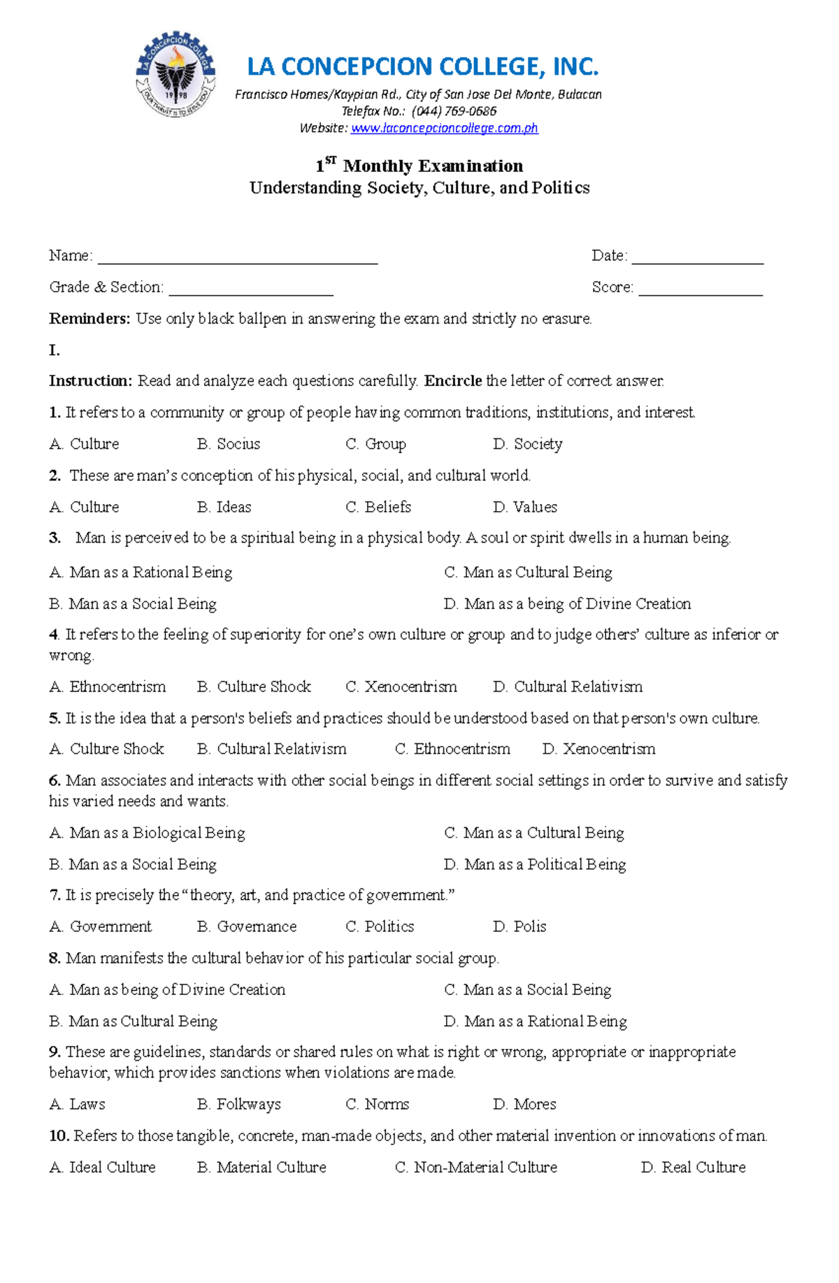 1ST Monthly Examination UCSP LA CONCEPCION COLLEGE, INC. Francisco