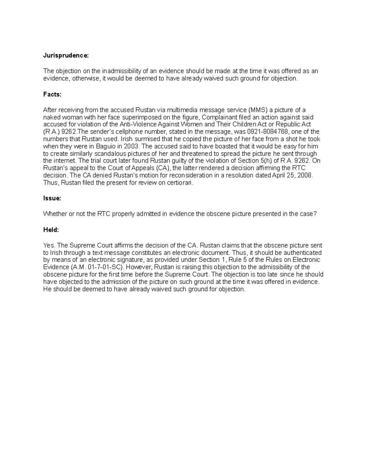 35 Evidence Ang vs CA CASE DIGEST Jurisprudence The objection on