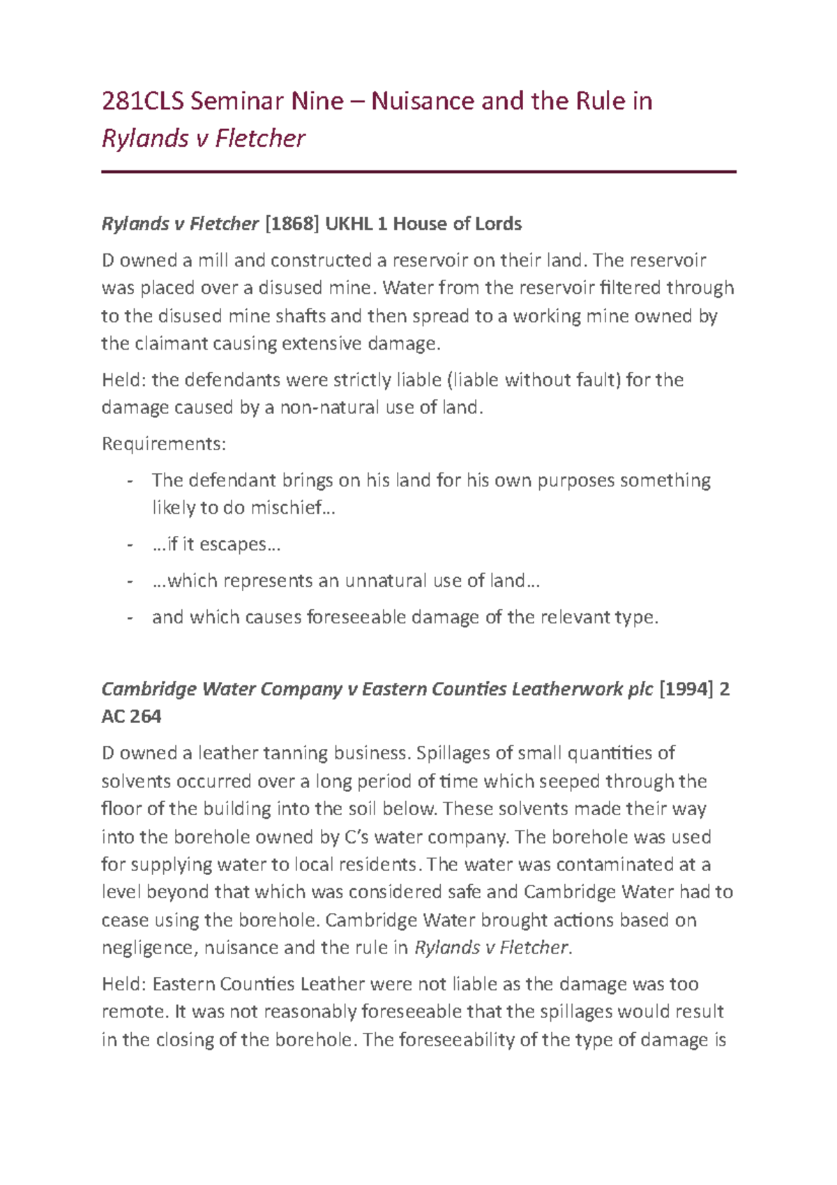 281CLS Seminar Nine - Nuisance and the Rule in Rylands v Fletcher ...