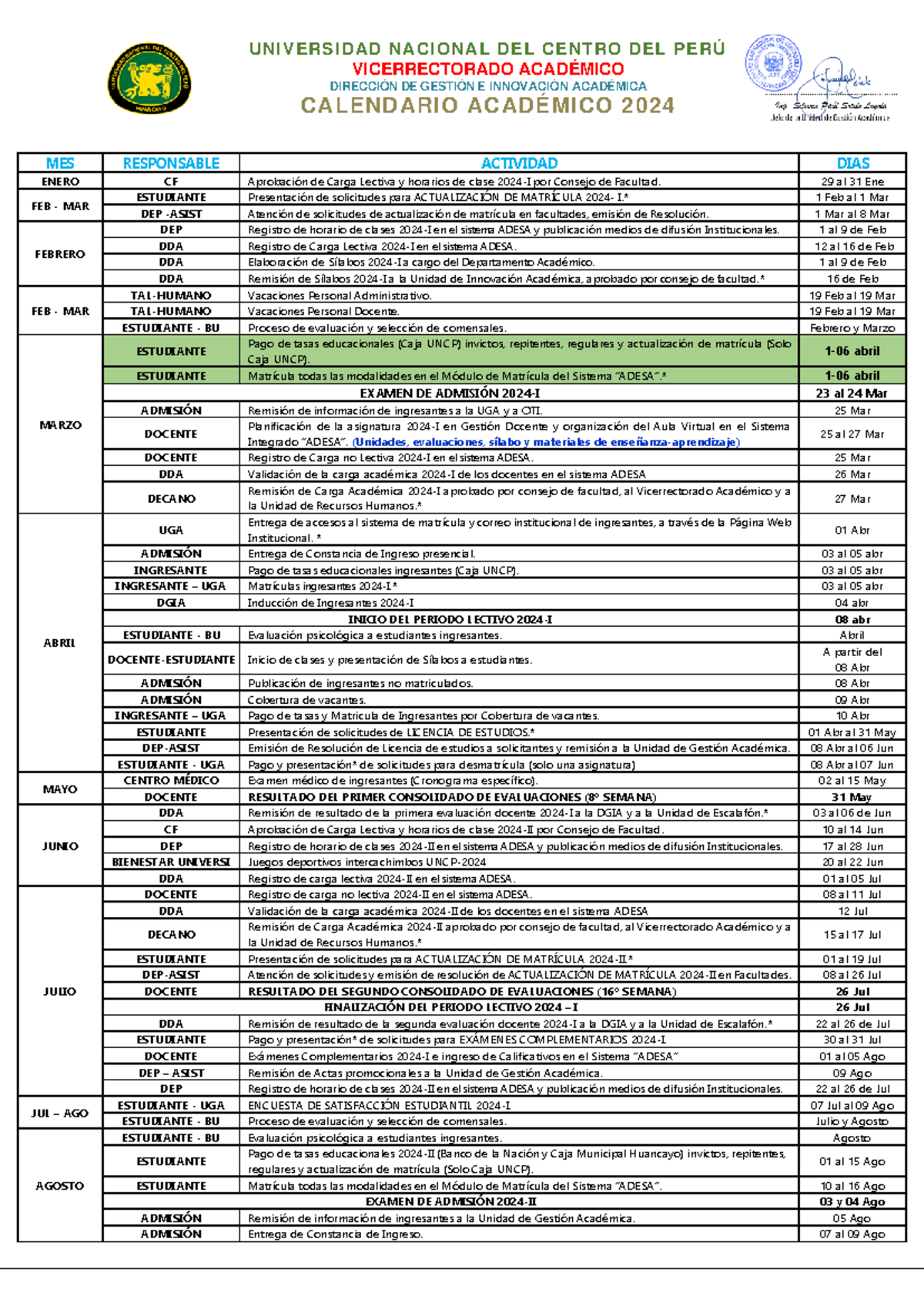 UNCP Calendario Académico 2024 UNIVERSIDAD NACIONAL DEL CENTRO DEL