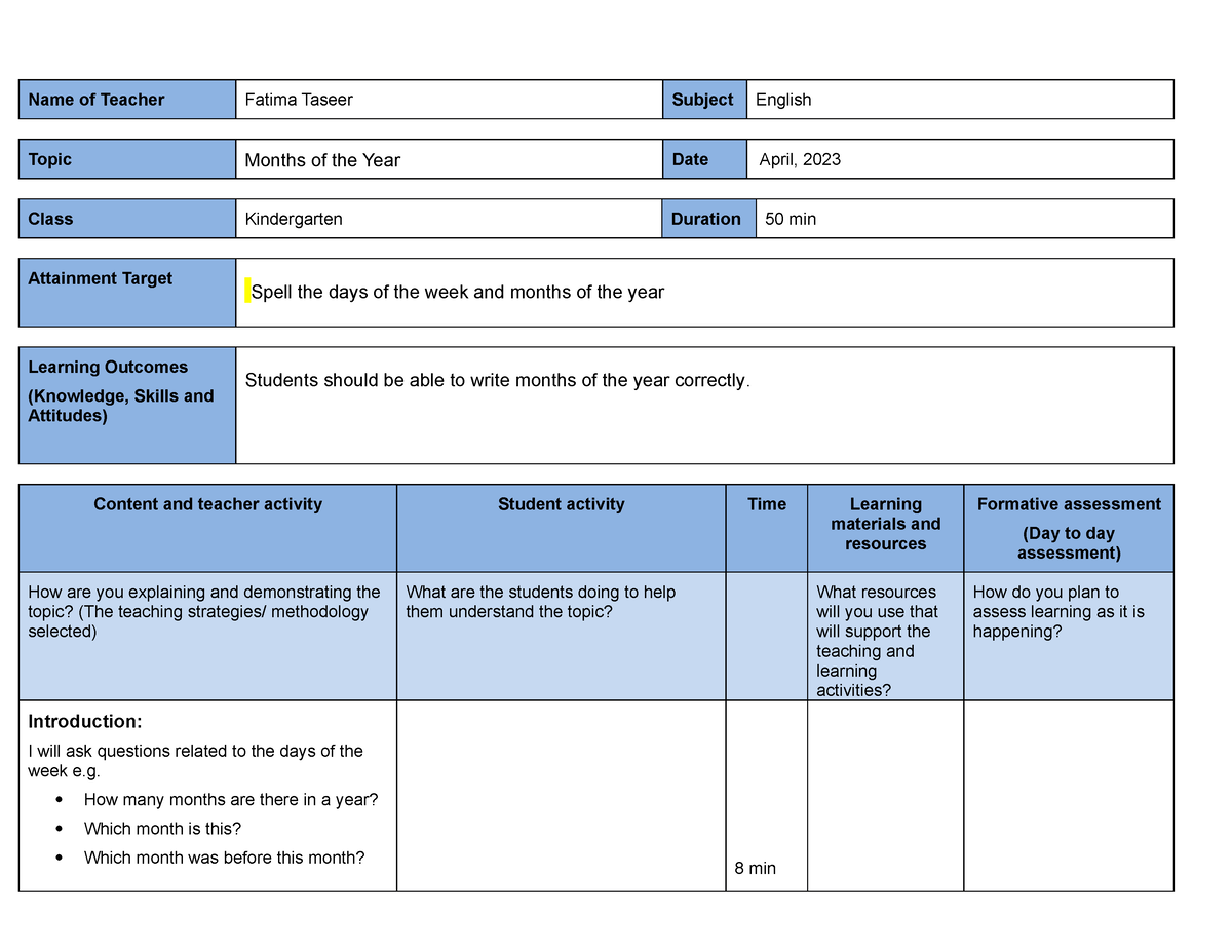 Day 3 - Months of the Year - Name of Teacher Fatima Taseer Subject ...