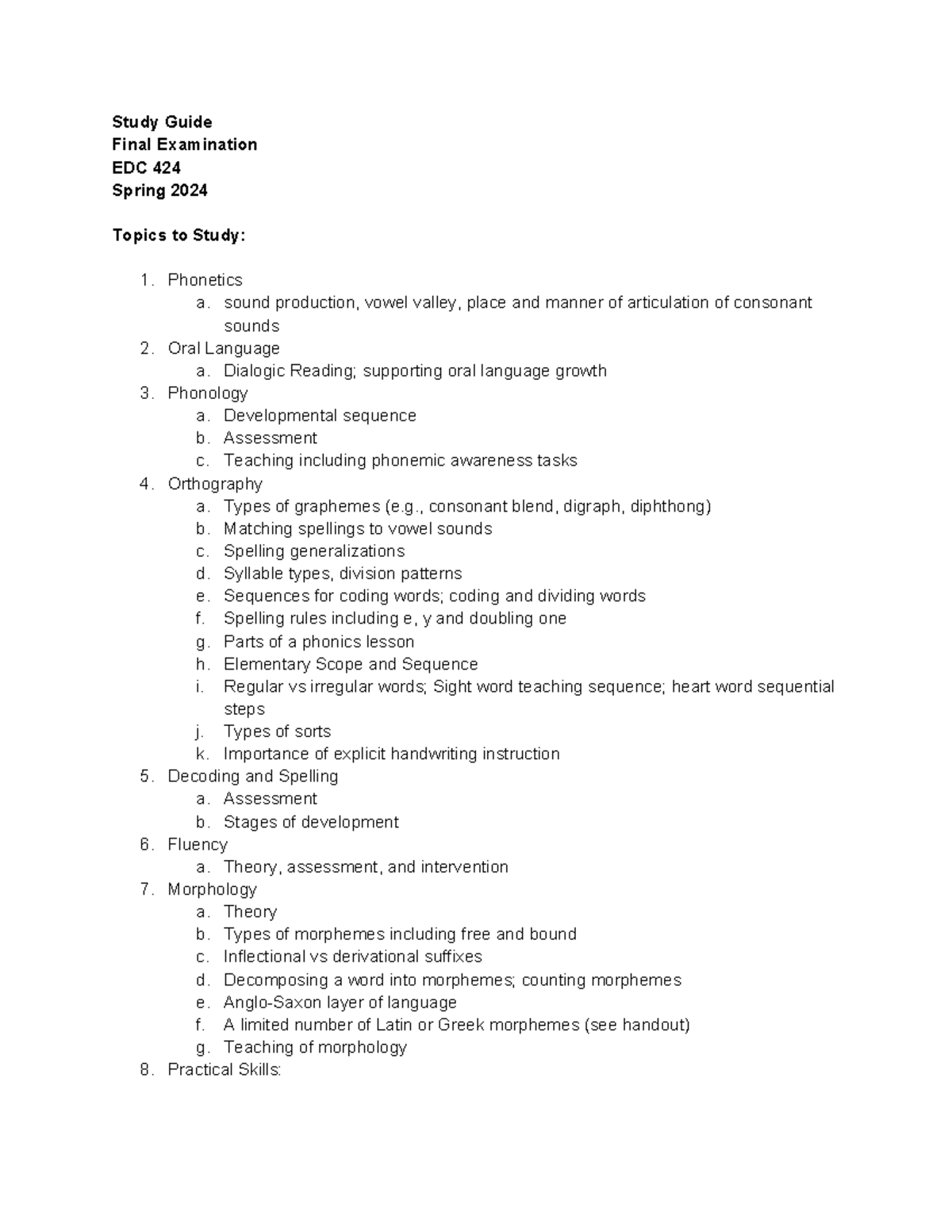 Study Guide - Study Guide Final Examination EDC 424 Spring 2024 Topics ...