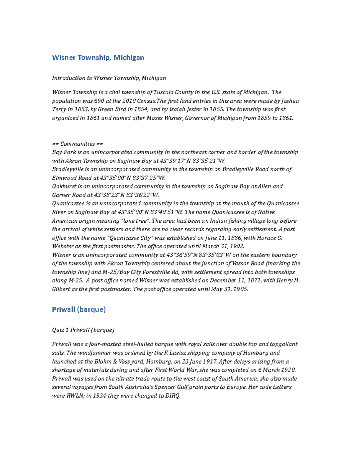 POLS157 Assignment Wisner Township, Michigan Wisner Township