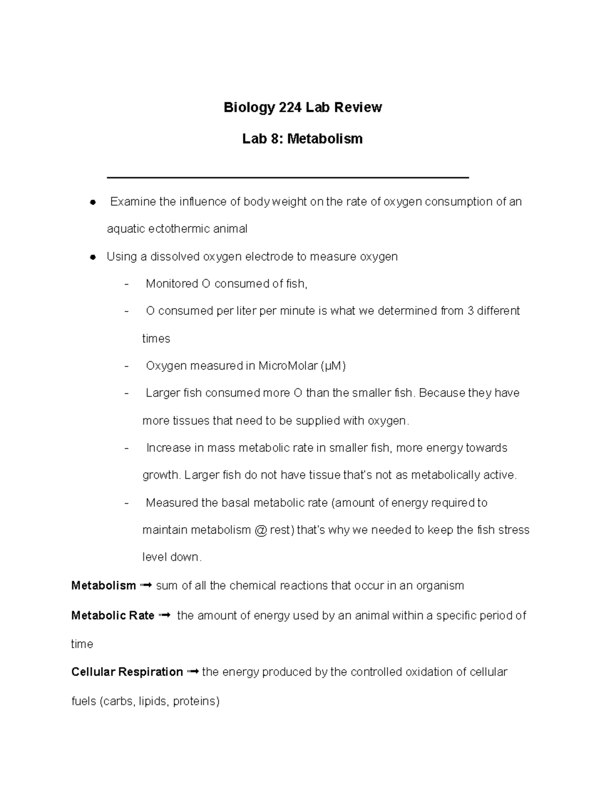 BIOL 224 LAB 8 Review Metabolism - Biology 224 Lab Review Lab 8 ...