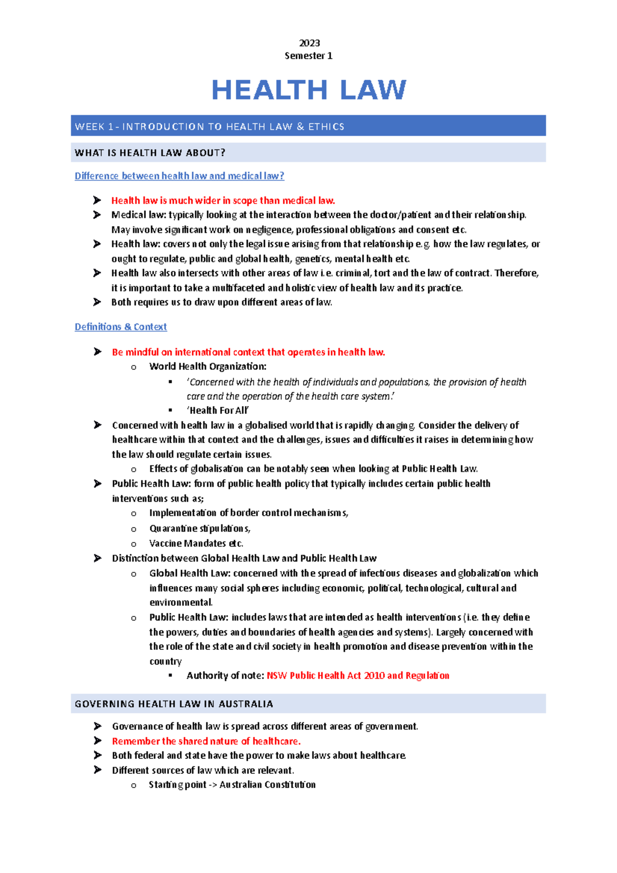 Early Course Notes - Semester 1 HEALTH LAW WEEK 1- INTRODUCTION TO ...