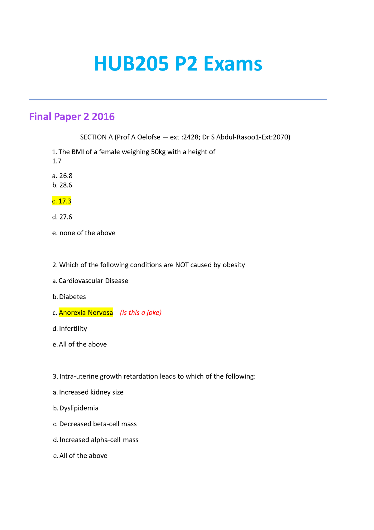 Hub205 P2 Memos Human Biology Hub105 Uwc Studocu