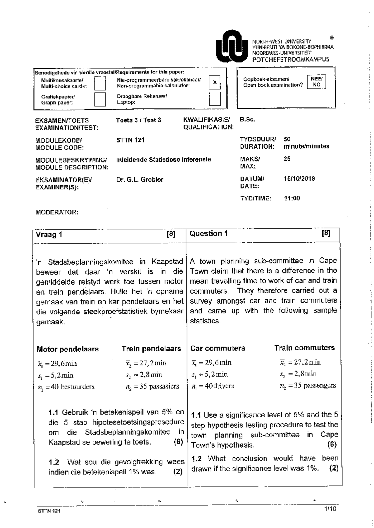 STTN121 Test3 2019 - Test 3 - n R NORTH-WEST UNIVERSITY YUNIBESITI YA ...