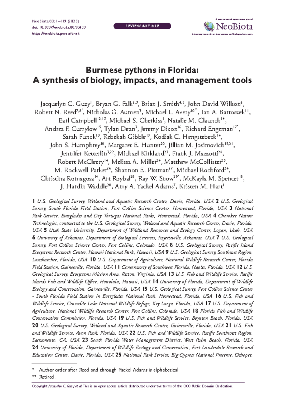 Burmese pythons in Florida A synthesis of biology impacts and ...