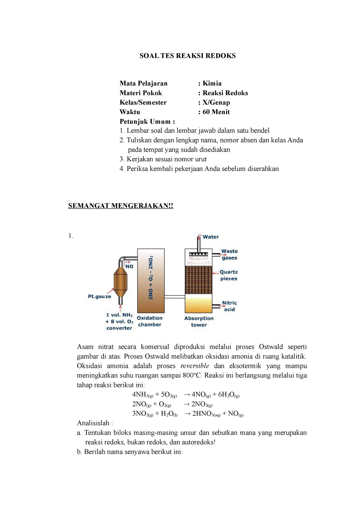 Soal Reaksi Redoks - 20 Soal - SOAL TES REAKSI REDOKS Mata Pelajaran ...