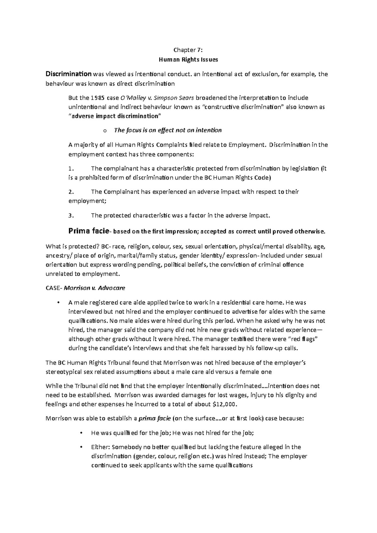 Chapter 7 employment Law - Chapter 7: Human Rights Issues ...