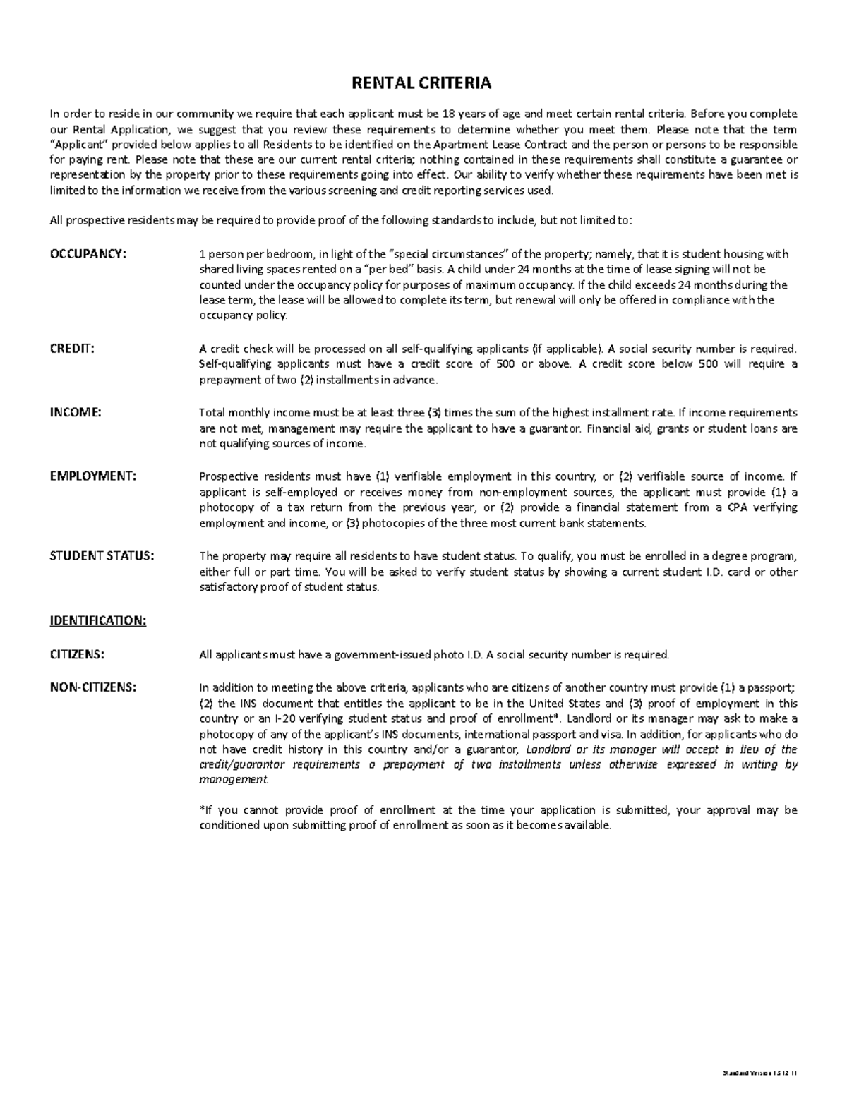 BA2500Form - form for class - Standard Version 13. RENTAL CRITERIA In order to reside in our ...