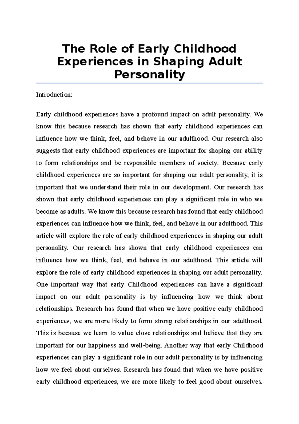 The Role Of Early Childhood Experiences In Shaping Adult Personality ...